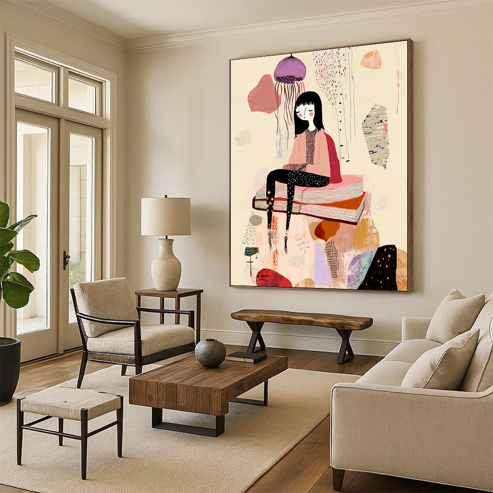 A large abstract artwork featuring a woman on a book amidst whimsical forms with pastel pink and purple hues set against a beige background.STSC1233