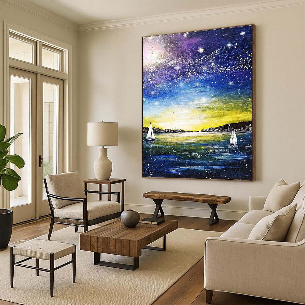 A large abstract painting featuring a blue sea and sky, white stars, sailboats, and a city silhouette using yellow, purple, green, and navy colors.STSC848