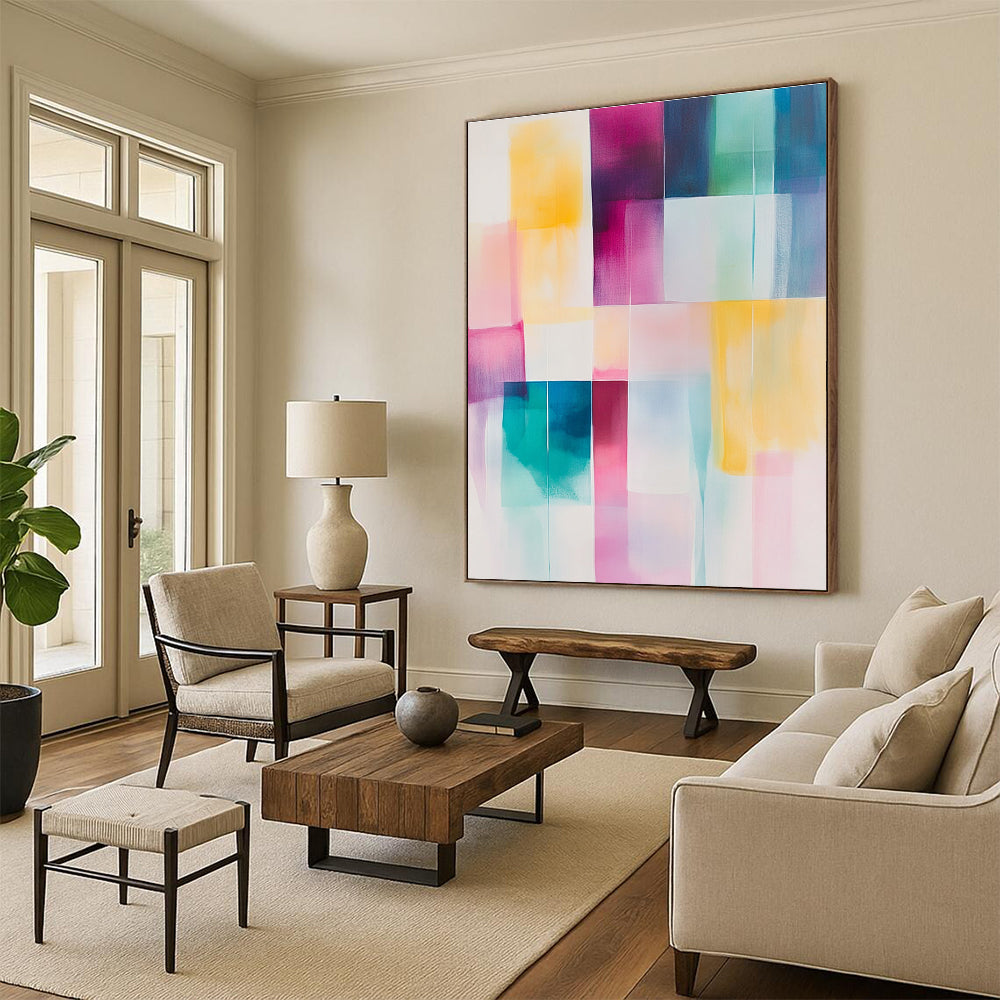 Large abstract painting in soft pastel colors featuring geometric blocks of pink yellow teal and white for a calming artistic touch.STSC804