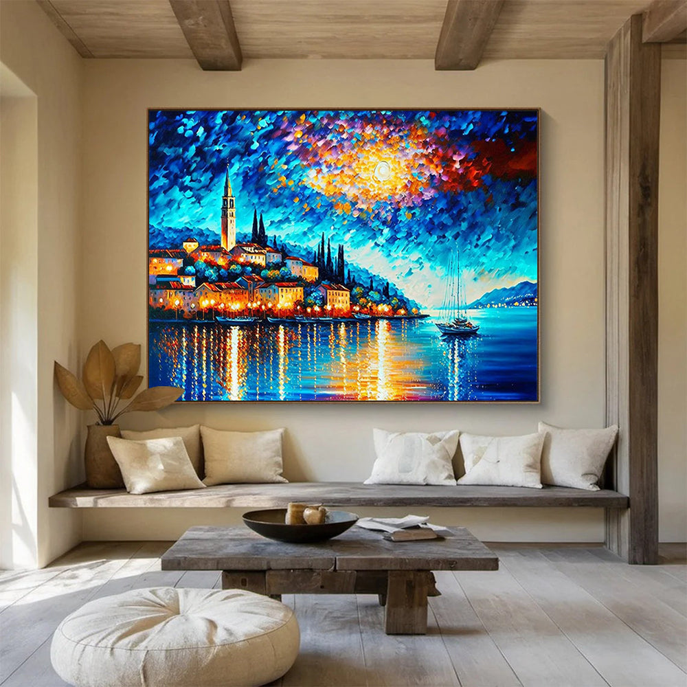 Moonlit Harbor Abstract Painting with Deep Blues and Warm Glows THY300