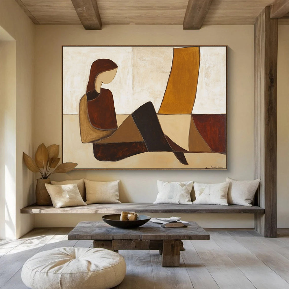 Large abstract painting featuring a woman on the floor in brown and beige hues with simple shapes inspired by Jean Fautrier.SC345