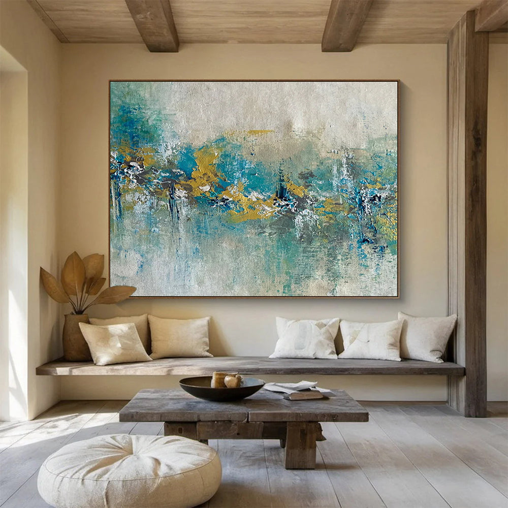 Teal Gold Abstract Painting with Nature - Inspired Shapes THY342