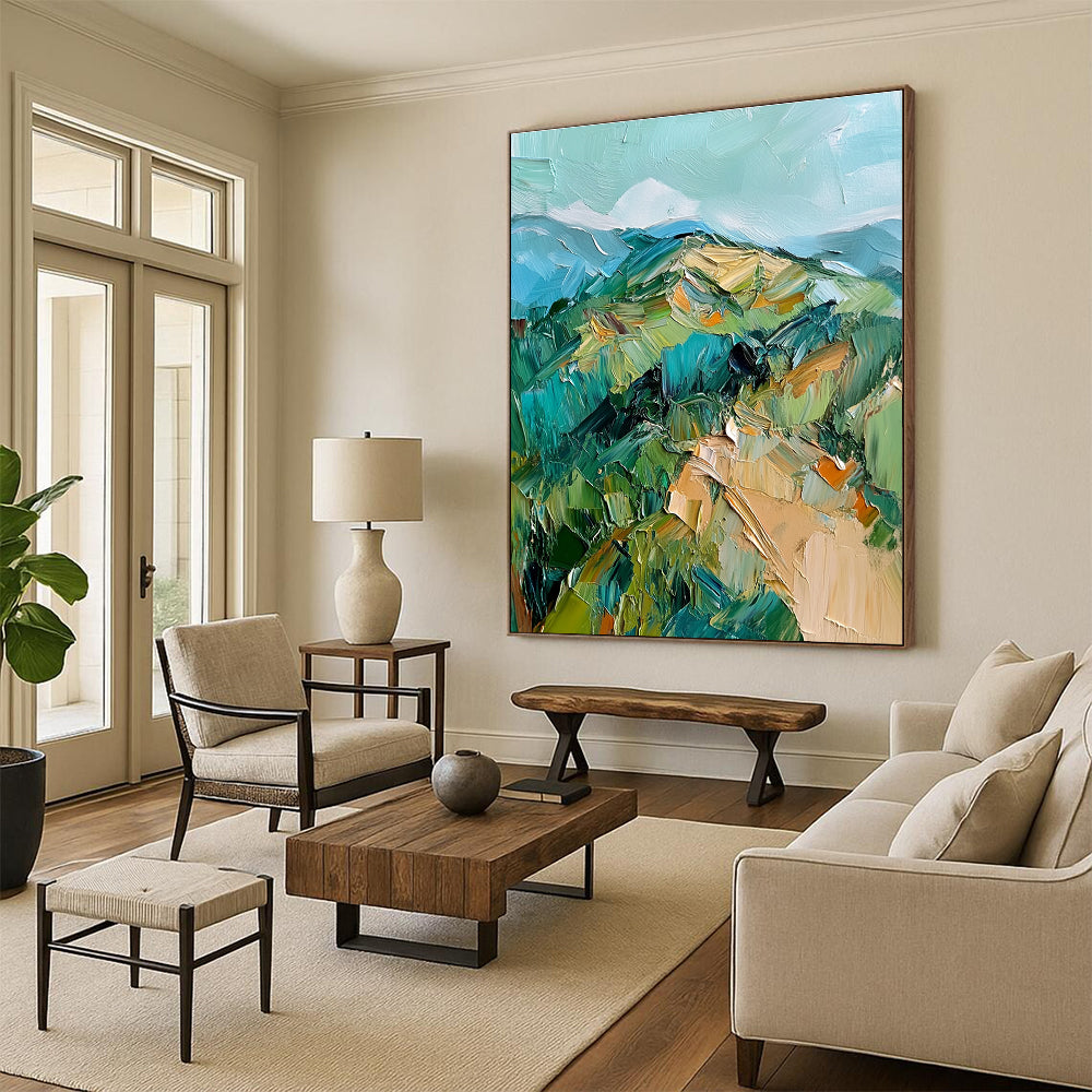 Large abstract oil painting featuring green and blue hills with thick impasto brush strokes for a vibrant artistic statement.STSC187