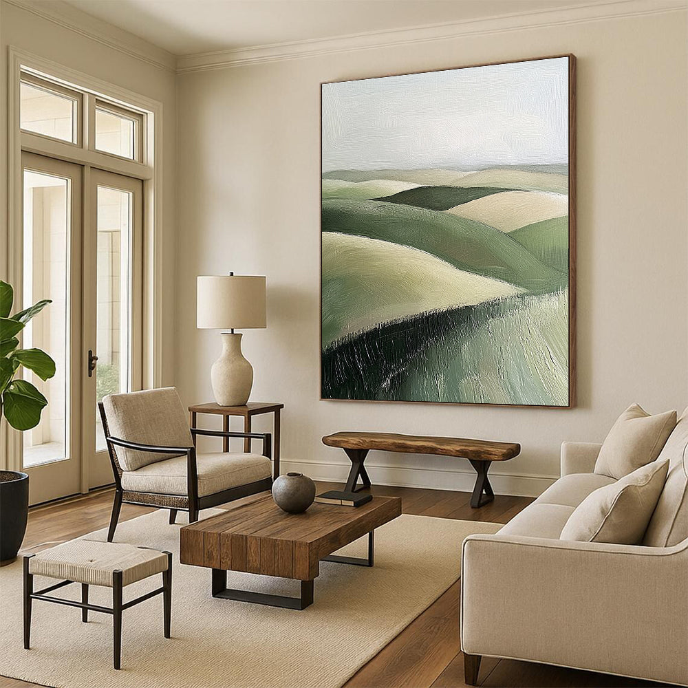 Large Abstract Painting of Green Rolling Hills in Textured Sage and Beige Tones Perfect for Adding Calmness to Any Space.STSC876