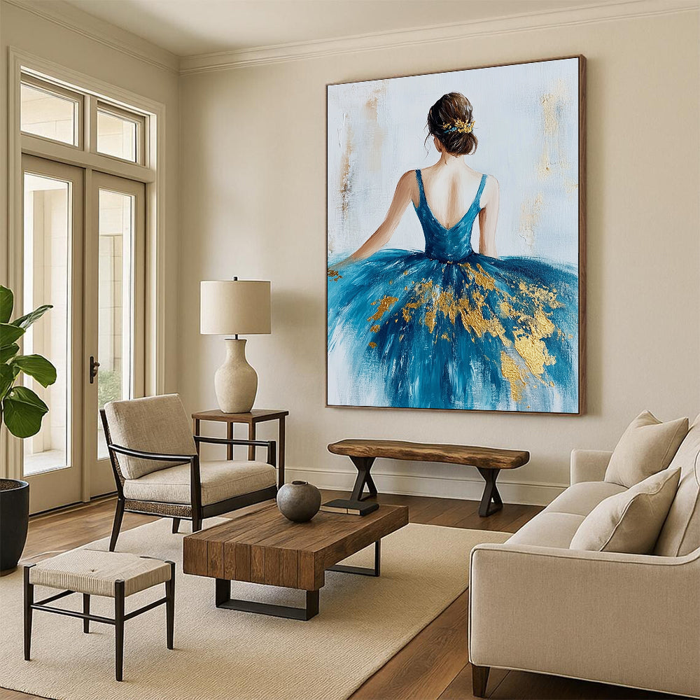 Large abstract painting of a ballerina in a blue dress with gold leaf on a textured white canvas background.STSC155