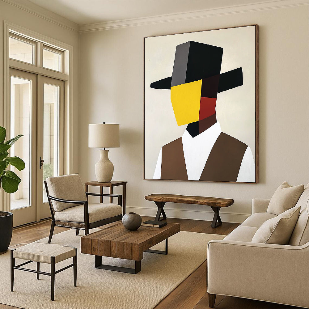 A large abstract painting featuring a minimalist cubist portrait of an Italian man in a black hat and brown vest with a yellow mask.STSC1082
