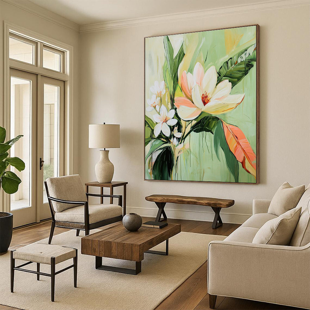 Large abstract painting of tropical flowers featuring a central magnolia and warm light green tones evokes tranquility and calmness.STSC1142
