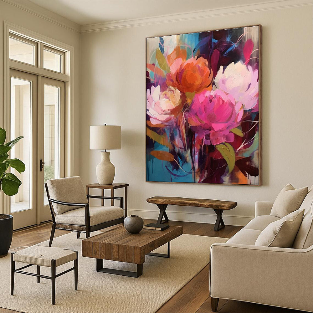 Vibrant Floral Abstract Painting with Bold Pink and Orange ADGE427