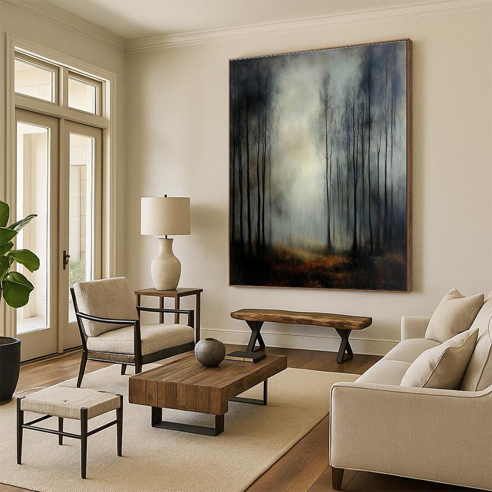 Large Abstract Painting of a foggy autumn forest featuring thin trees and chiaroscuro lighting for a dramatic mysterious atmosphere.STSC1306