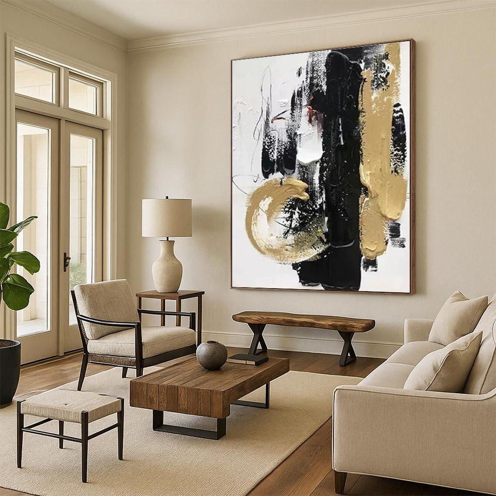 Black Gold and White Abstract Painting with Textured Layers ADGE146