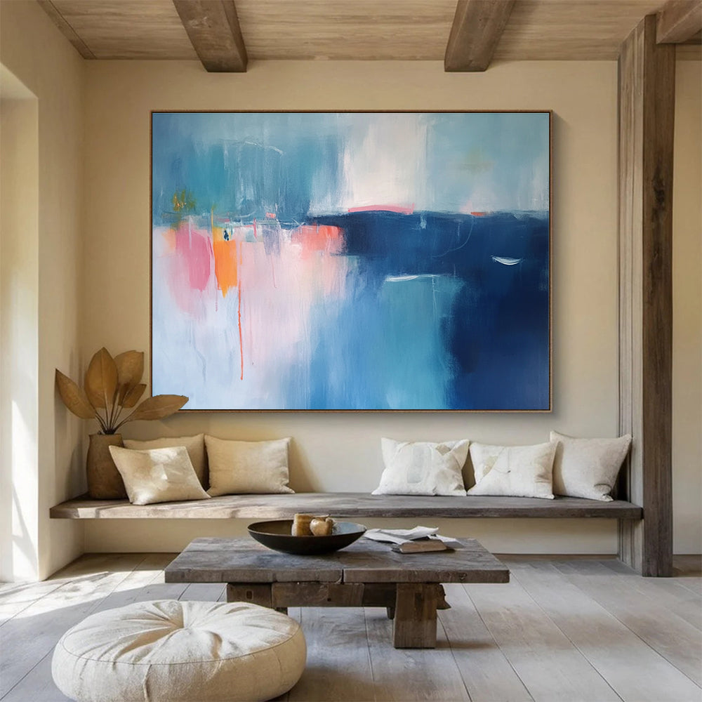 Large abstract painting featuring serene blue and pink tones with blurred edges and distant boats, evoking a minimalist coastal atmosphere.SC063