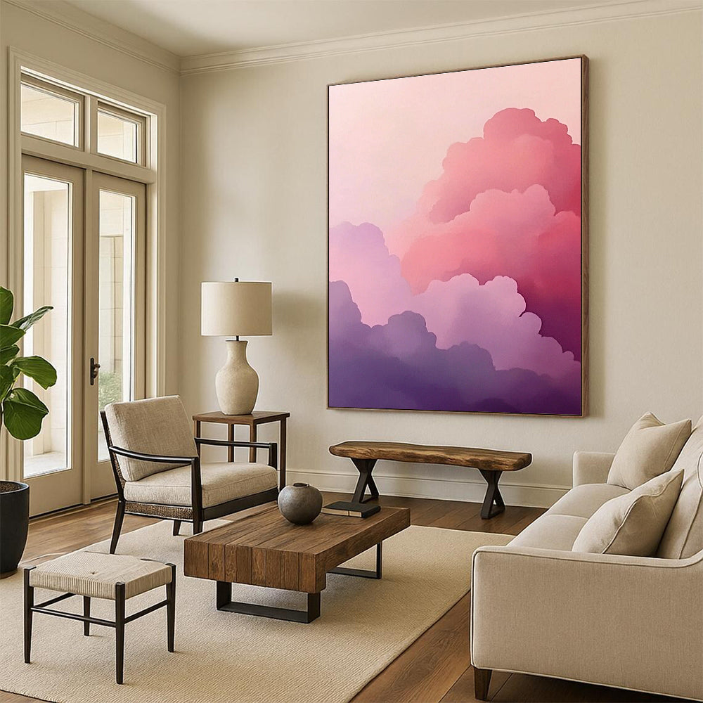 A large abstract painting featuring pink clouds in a minimalist style with soft purple and gray hues creating a dreamy atmosphere.STSC1160
