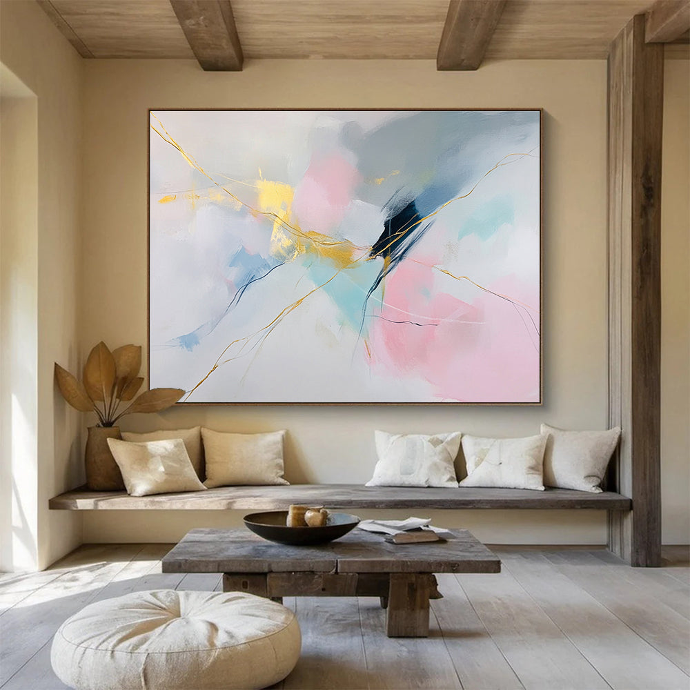 Large abstract painting featuring soft colors on white background with pink blue hues and gold accents delicate strokes create serene shapesSC282