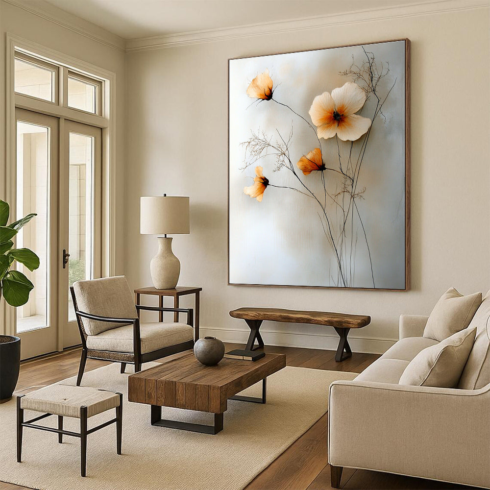 Large abstract painting featuring flowers, thin vines, and wildflowers in muted colors on a light background.STSC058