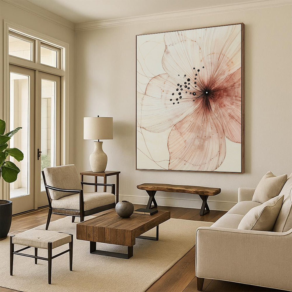 A large abstract painting showcasing delicate petals intricate patterns and subtle textures in light pink and dark brown against a beige background.STSC948