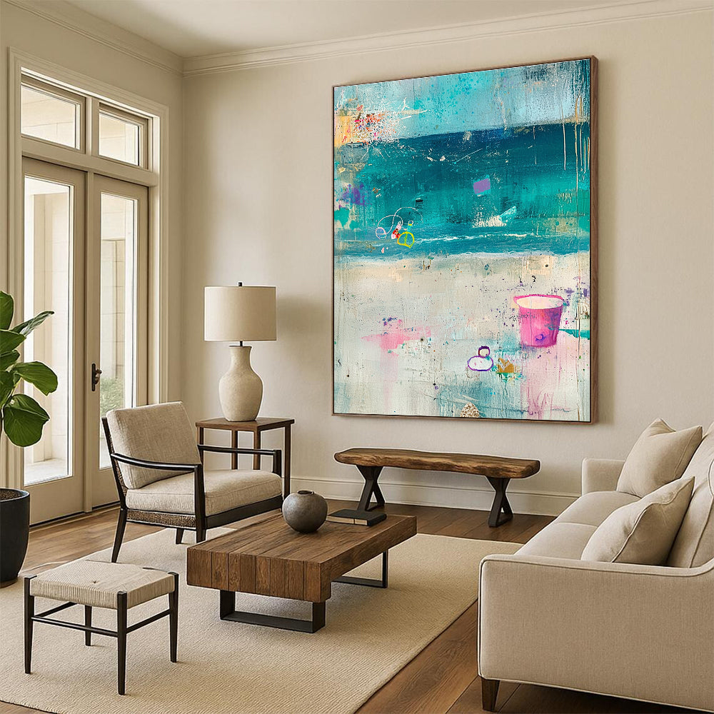 Large abstract painting featuring a pastel beach scene with elements of the sea sand and sky in soft tones set against a textured gray background.STSC1101