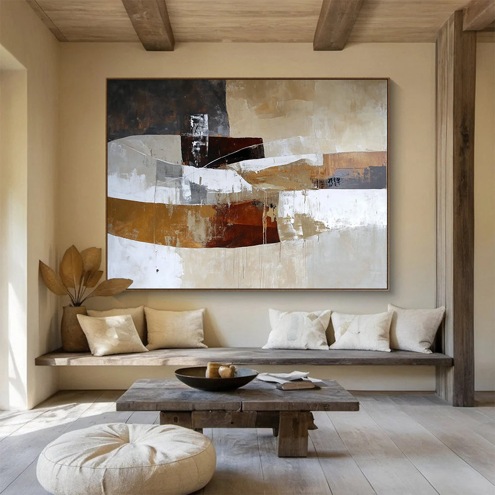 A large abstract oil painting featuring shapes and lines in earthy tones of white beige brown and grey in a rustic landscape styleSC321
