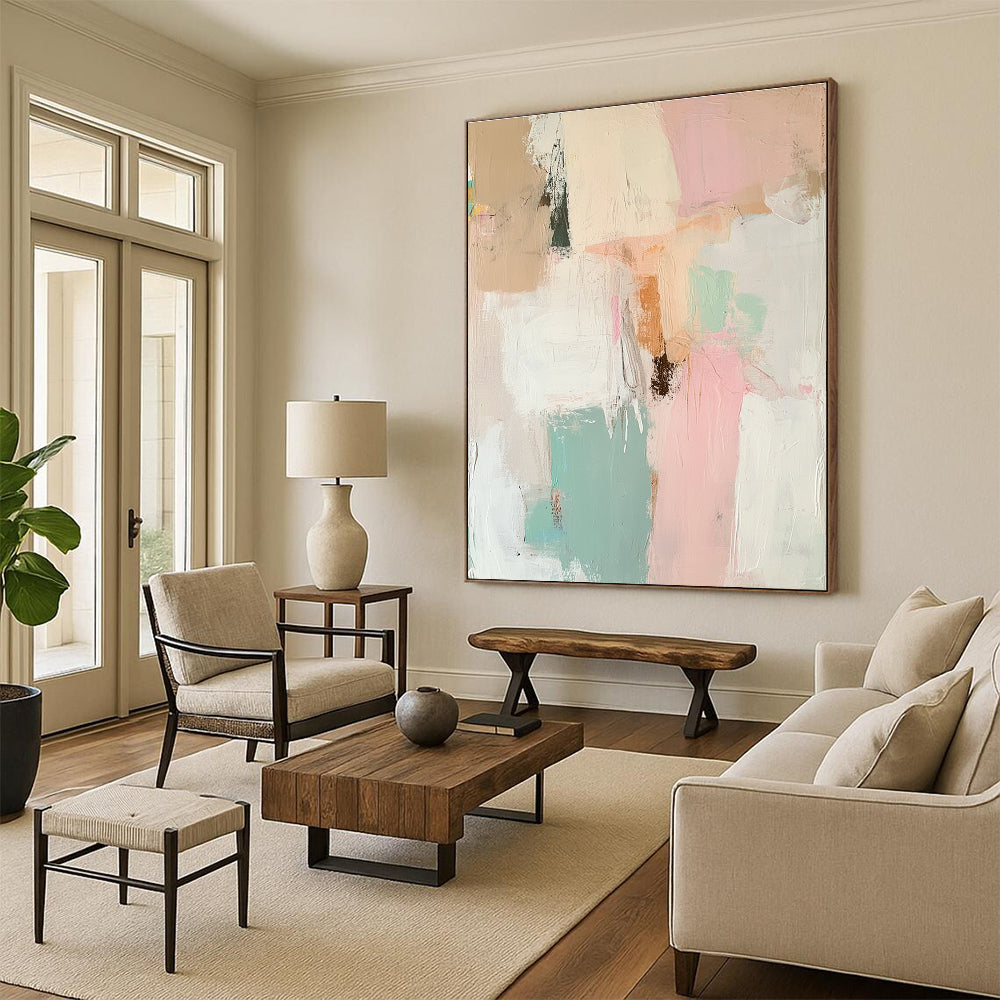 Large abstract painting with soft pinks whites sage greens and earthy tones featuring dreamy human and animal forms in a tranquil nostalgic atmosphere.STSC806