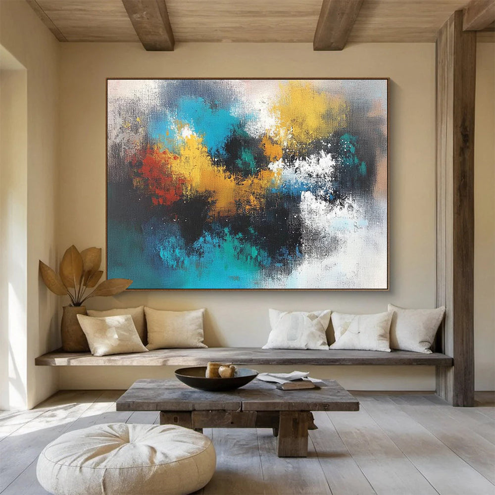Large abstract painting featuring vibrant colors and fluid shapes perfect for modern home decor. Enhance your space with unique artistic flair.SC625