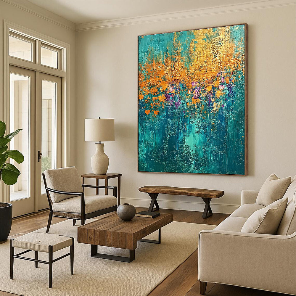 Teal, Gold, and Purple Abstract with Floral Hints GER288