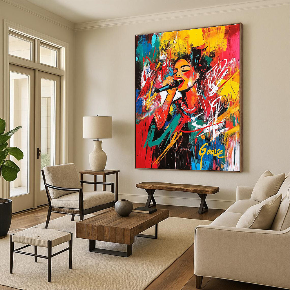 Large abstract painting of DJ Anna Kipreos at Christmas in Stung Treng with vibrant colors and energetic brush strokes creating a chaotic composition.STSC707