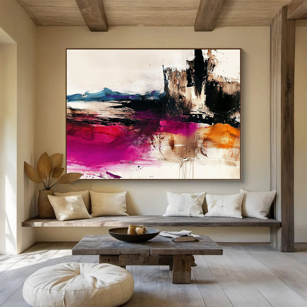 Large abstract painting depicting the desert with dark whites light beiges colorful ink washes and bold brushstrokes in high-resolution detail.SC046