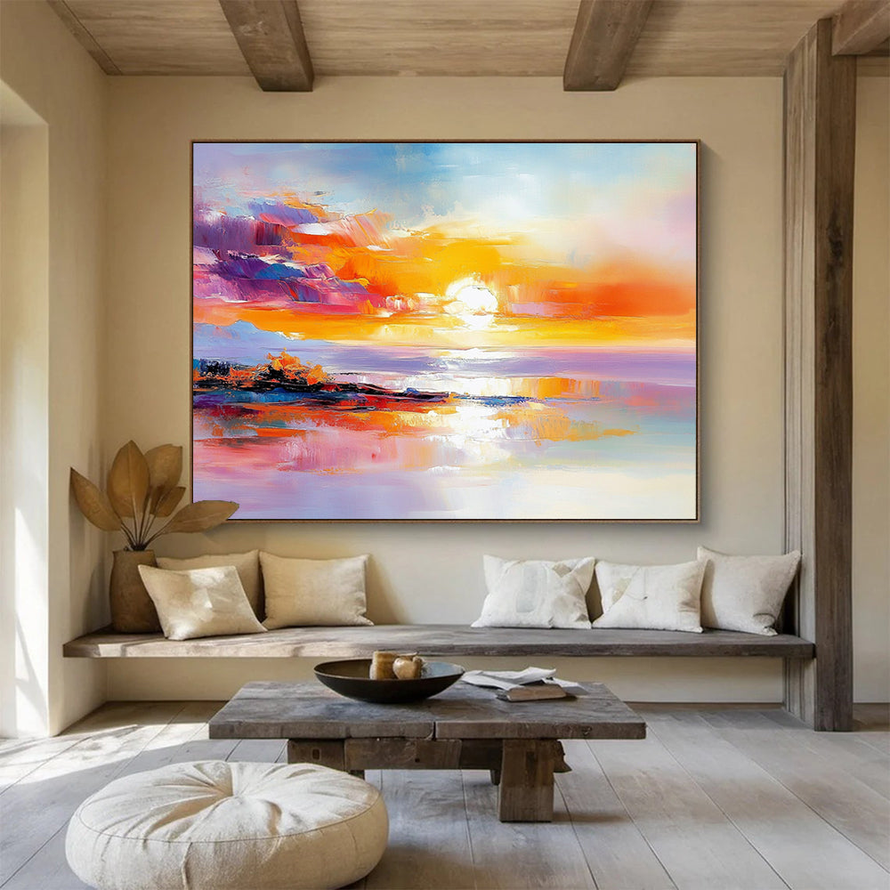 A large abstract painting featuring a stunning sunset with warm colors reflecting on water and a distant island, evoking tranquility and calmness.SC422