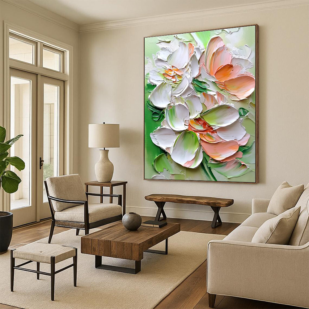 Large abstract painting with thick brushstrokes featuring super-detailed flowers in white pink and green colors for a vibrant artistic expression.STSC1401