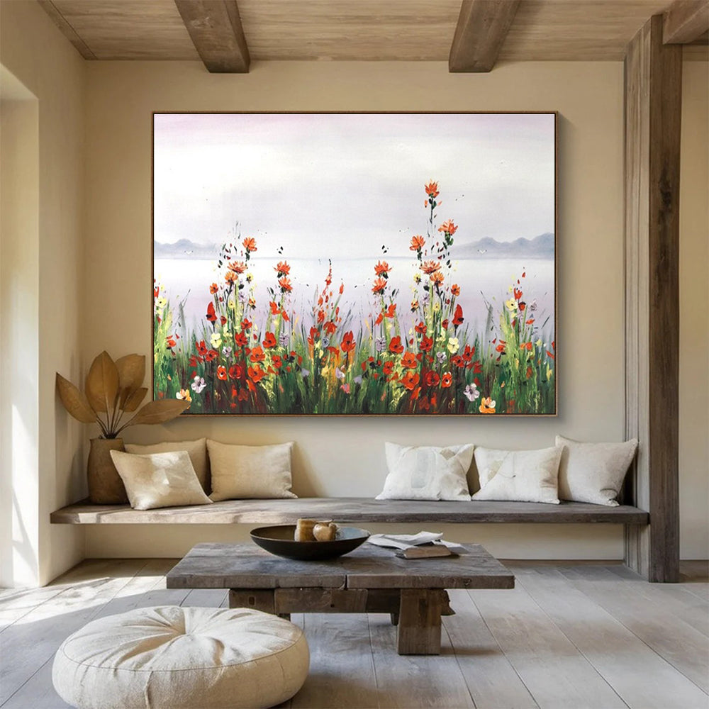 Wildflower Lake Abstract Painting with Red, Yellow, White, and Green Tones THY189