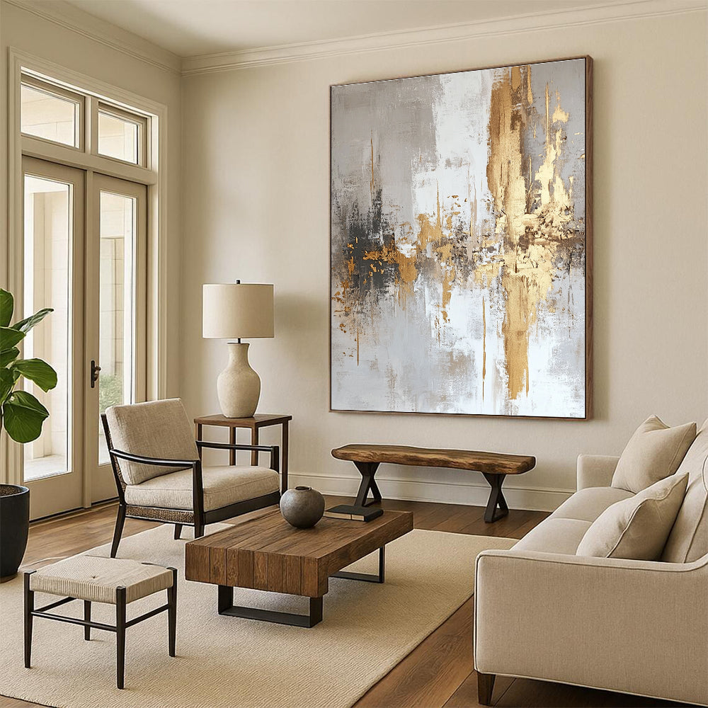 Large abstract painting featuring white and gold textures with light gray background and elegant gold foil accents.STSC508