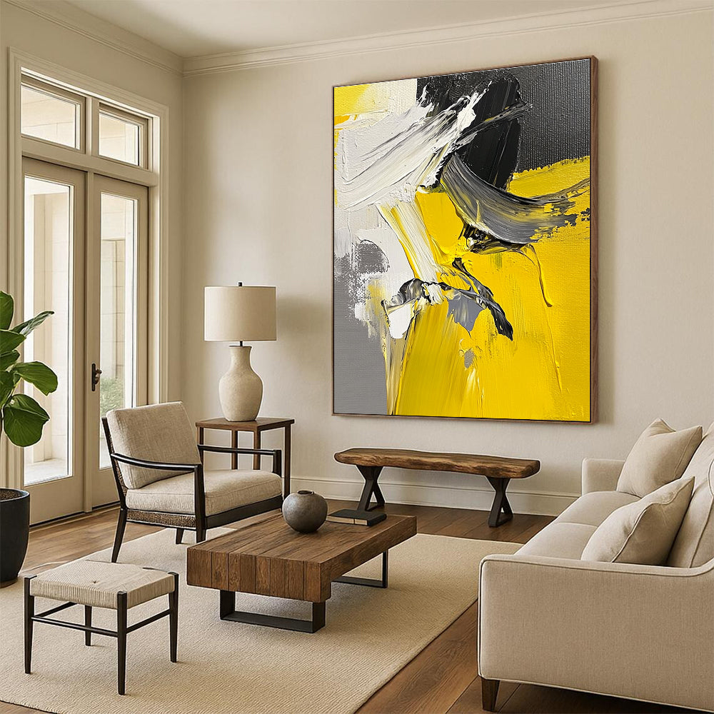 Yellow Gray and White Abstract Painting with Thick Impasto GER552