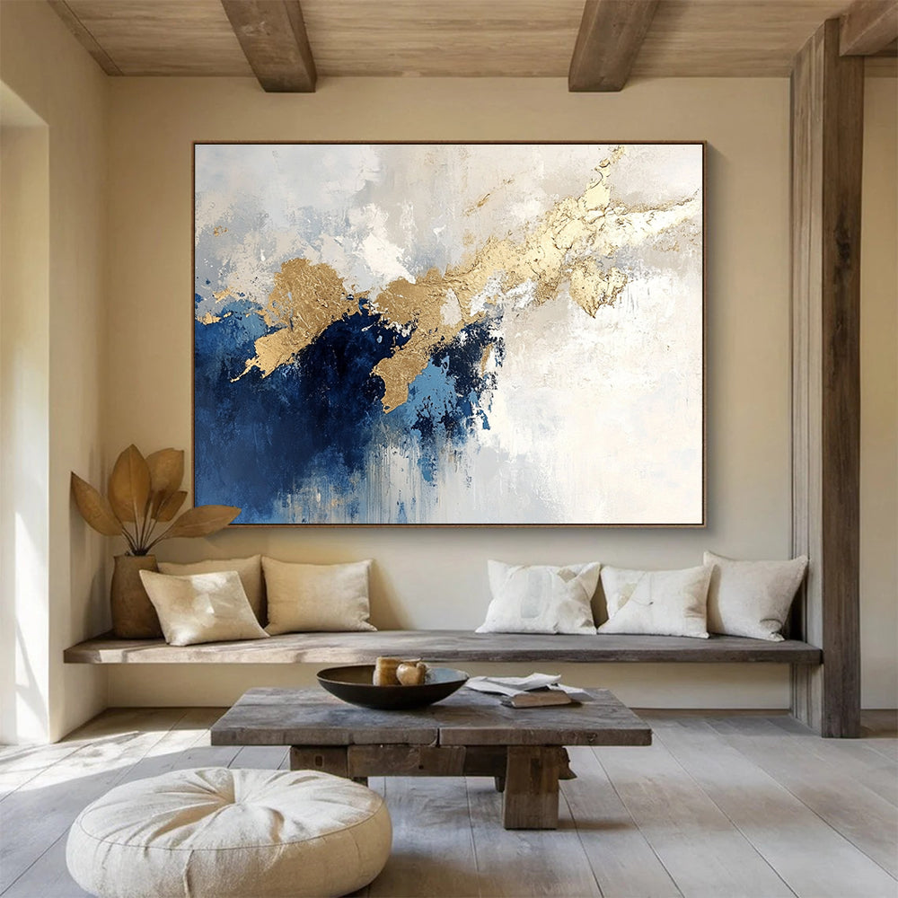 Blue and Gold Dripping Abstract Painting with Textured Layers DYP184
