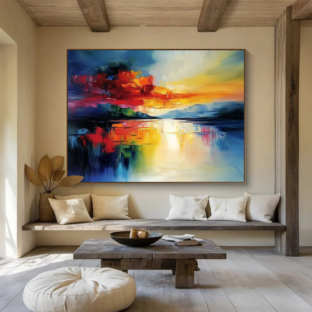 Bold Color Block Sunset Abstract Painting with Vivid Reds Oranges and Blues DYP236