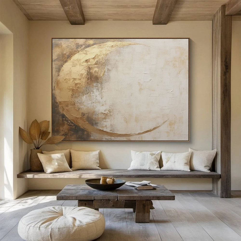 Golden and White Tones Abstract Moon - shaped Painting THY080