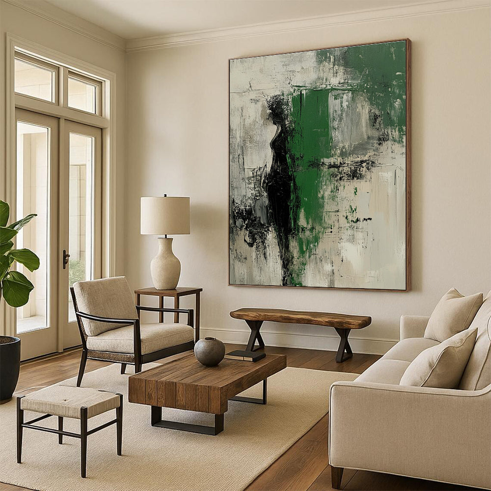 Black Green and Gray Abstract Painting with Enigmatic Forms GER526