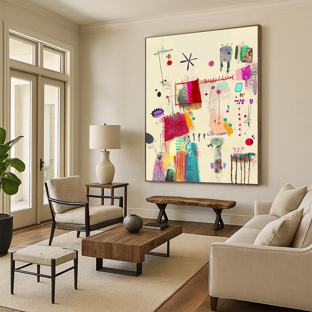 Large abstract painting featuring Mingei style with red lines colorful patterns and embroidered details on a light beige background.STSC1323