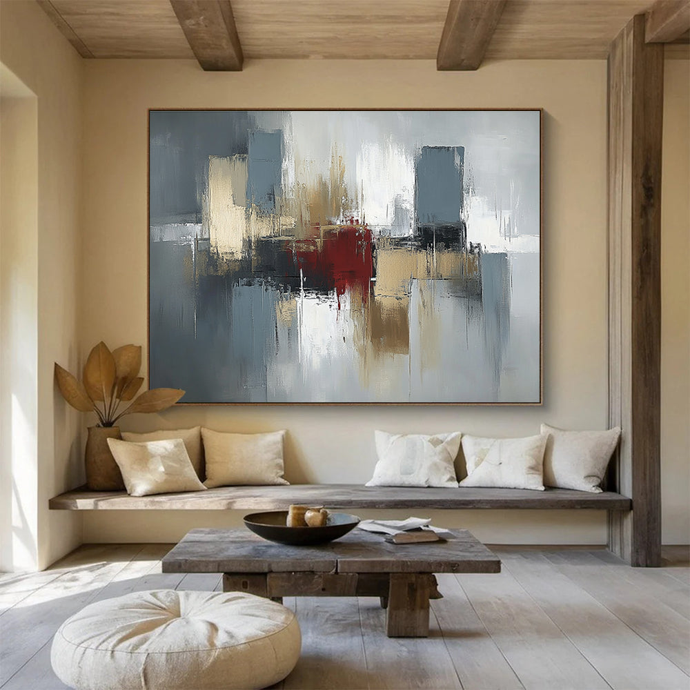 Gray Gold and Red Abstract Painting with Urban Inspirations DYP403