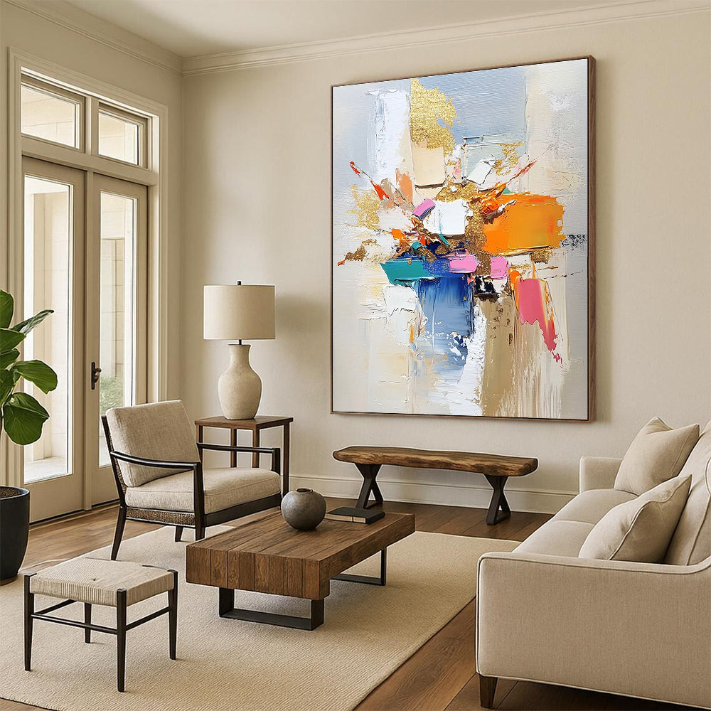 Colorful Block and Gold Abstract Painting with Bold Textures GER469