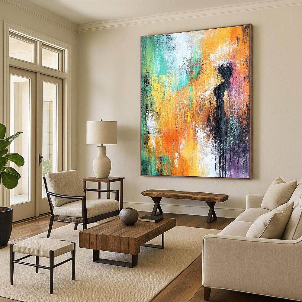 Large abstract painting featuring soft orange and green tones with hints of yellow and purple and a textured background for elegant decor.STSC248