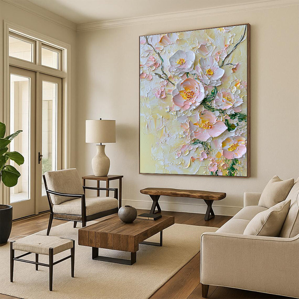 Abstract painting featuring delicate flowers in soft pinks whites and yellows against a pale yellow background with textured oil paint impasto technique.STSC004
