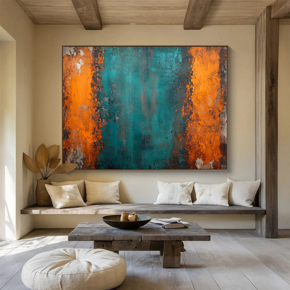 Teal Orange Abstract Painting with Bold, Industrial Edge THY408