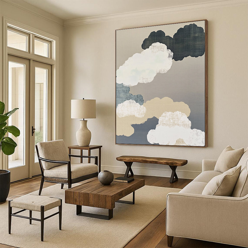 Large abstract painting featuring delicate brushwork with white clouds gray background and organic shapes in a minimalist beige color scheme.STSC1149