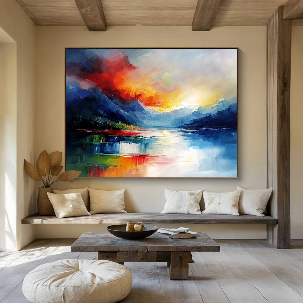Dynamic Mountain Sunset Abstract Painting with Bright Reds Yellows and Blues DYP237