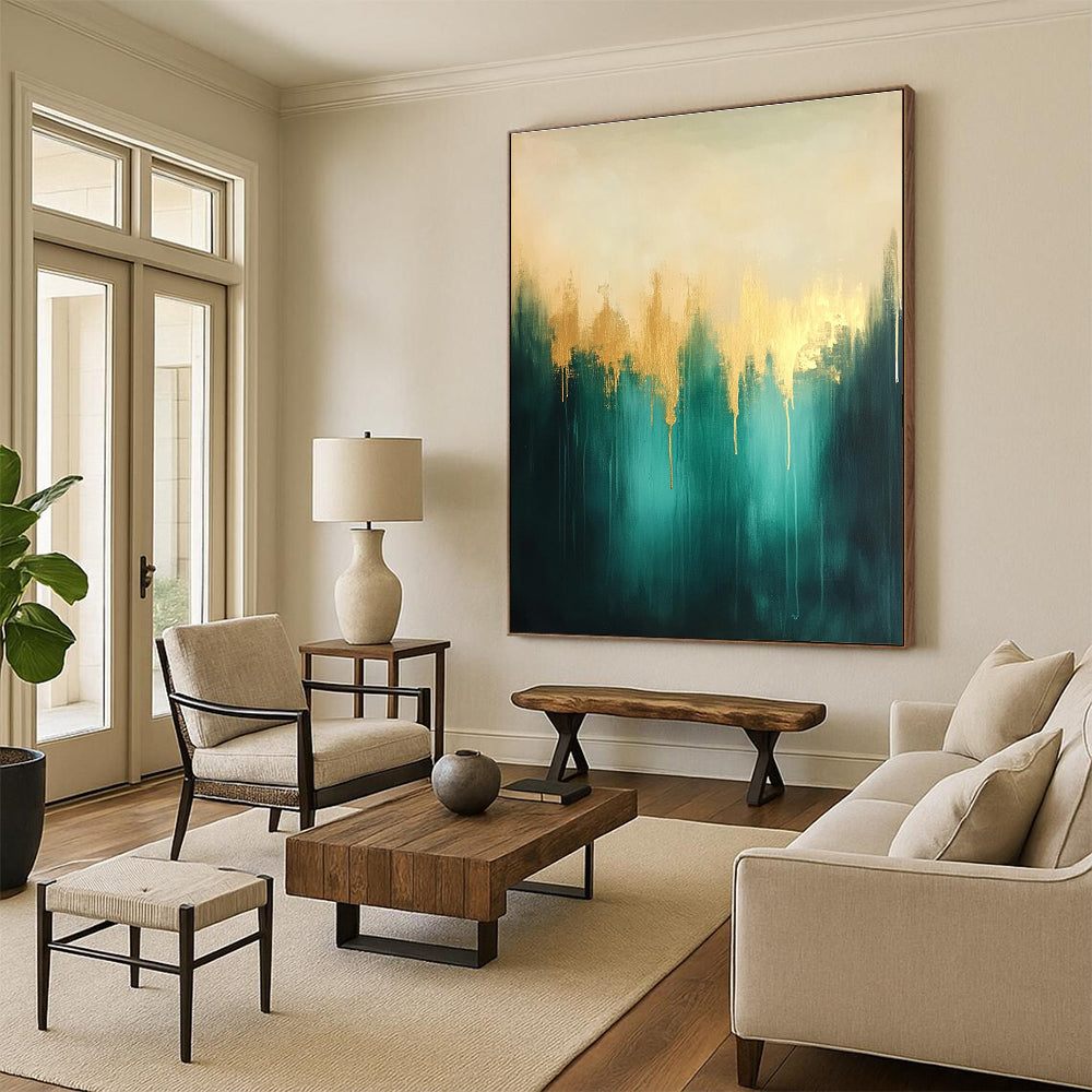 Teal and Gold Abstract Painting with Dripping Textures GER551