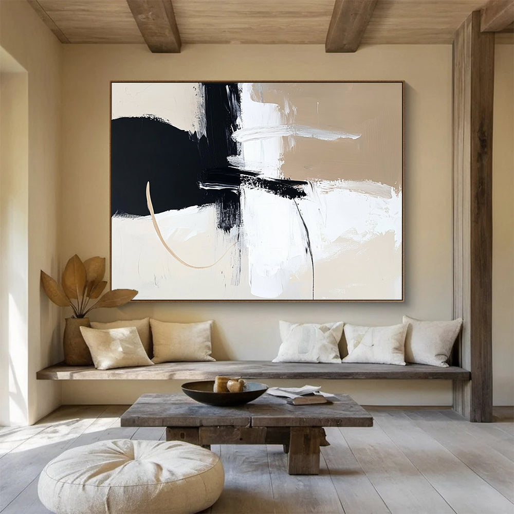 Large abstract painting in black white and beige featuring thick brush strokes and bold shapes for modern decor.SC499