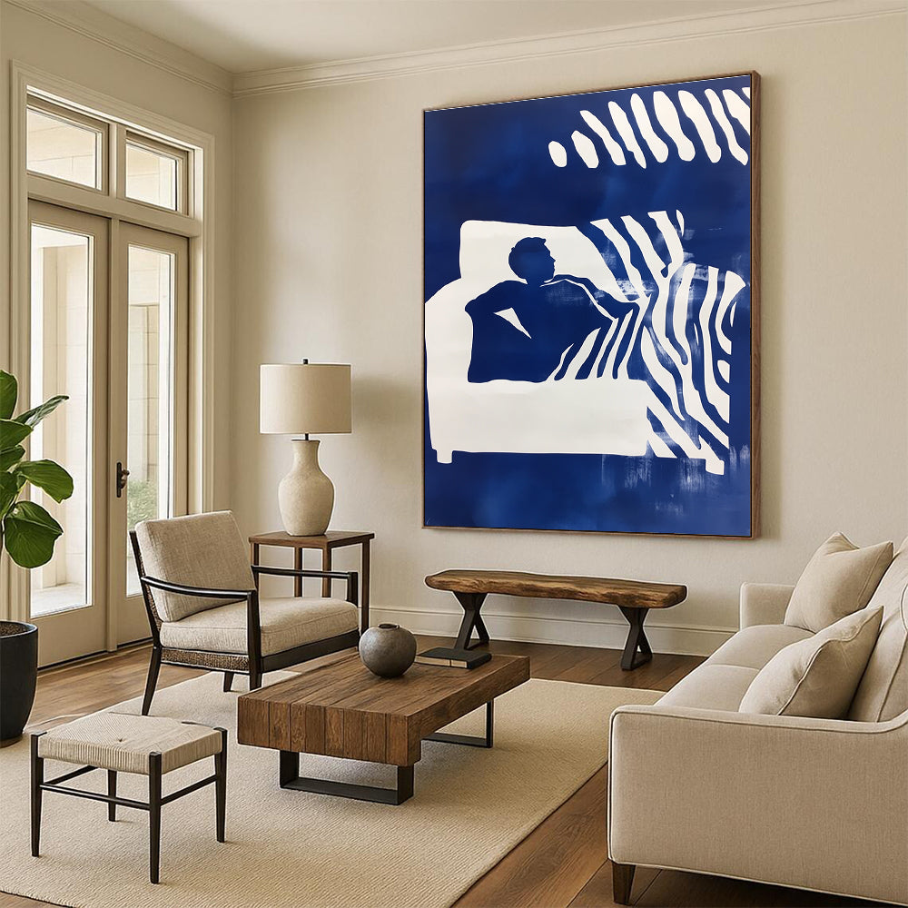 Abstract art featuring a man on a couch with blue and white stencil print and a zebra pattern background in a striking double exposure effect.STSC1210