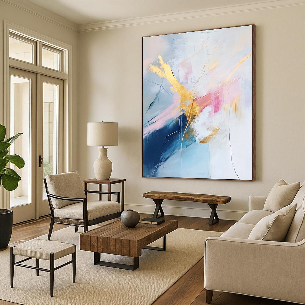 Pastel Gold Abstract Painting with Delicate Lines GER437