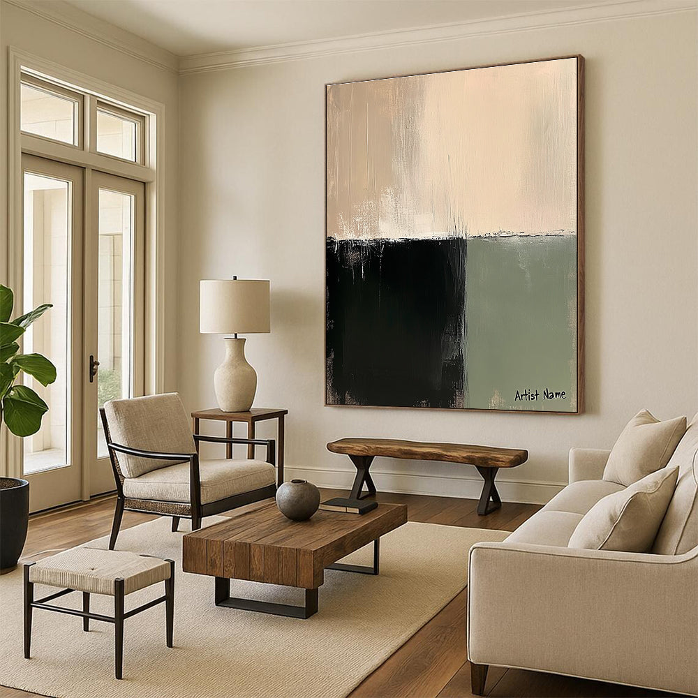 Large abstract painting in sage green and beige with soft brushstrokes creating a tranquil minimalist composition on linen.STSC1071