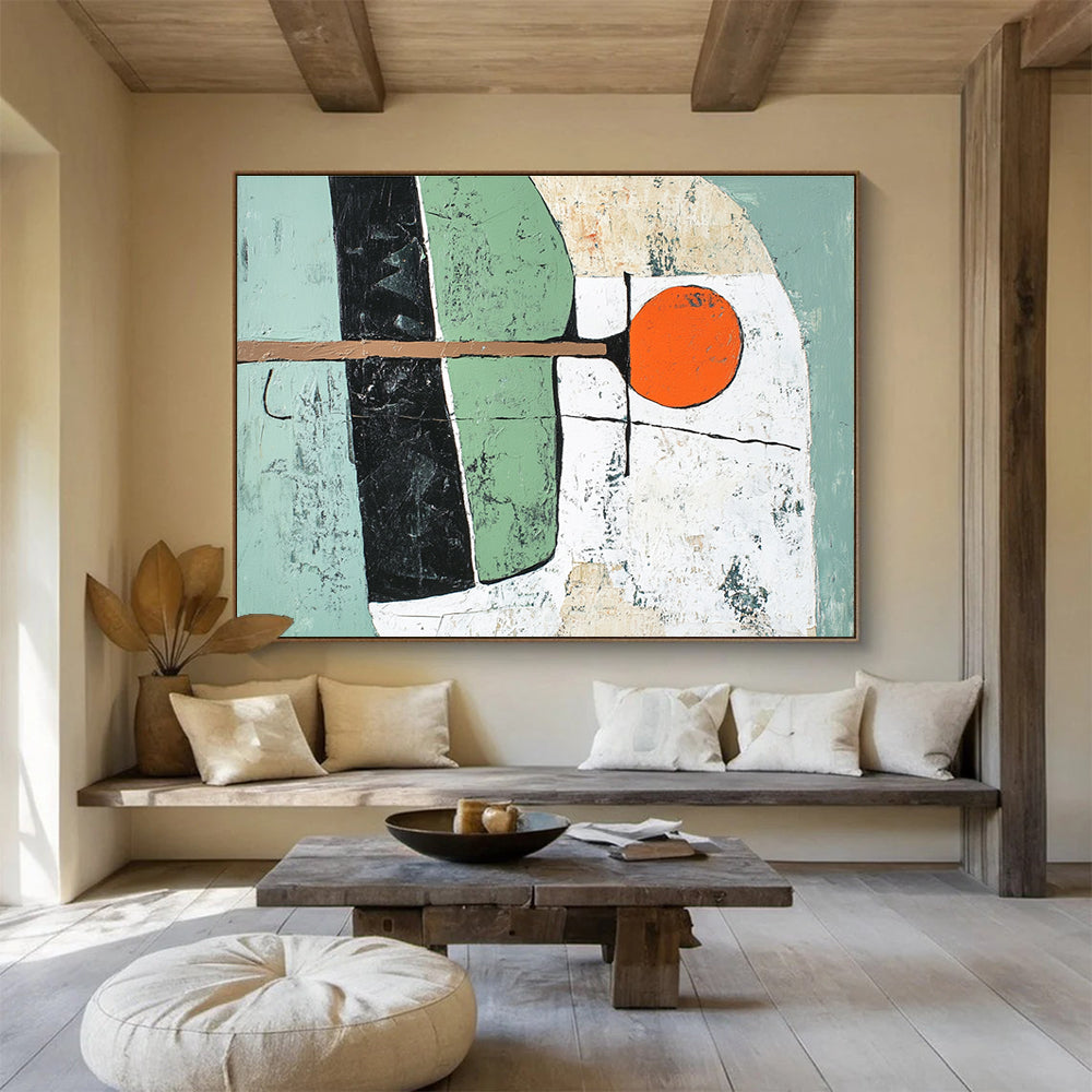 Geometric Shapes Abstract Painting with Green Black and Orange Tones DYP351