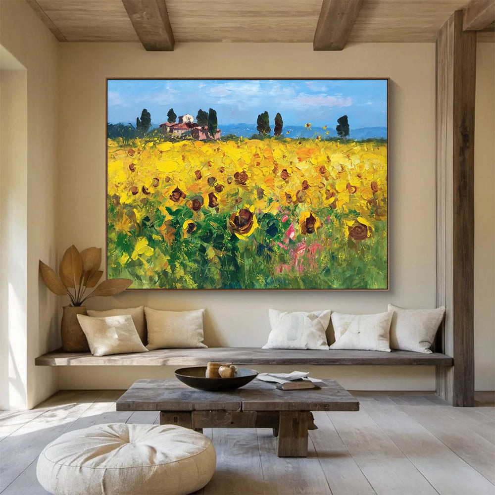 Yellow Green Sunflower Field Abstract Painting THY461